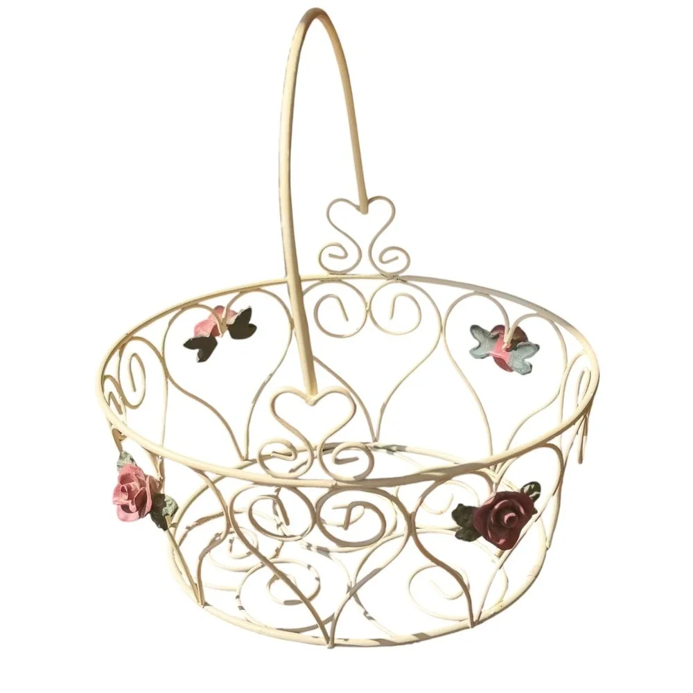 Vintage Style Cream Metal Wire Basket Roses Hearts Shabby Chic Cottage Decor